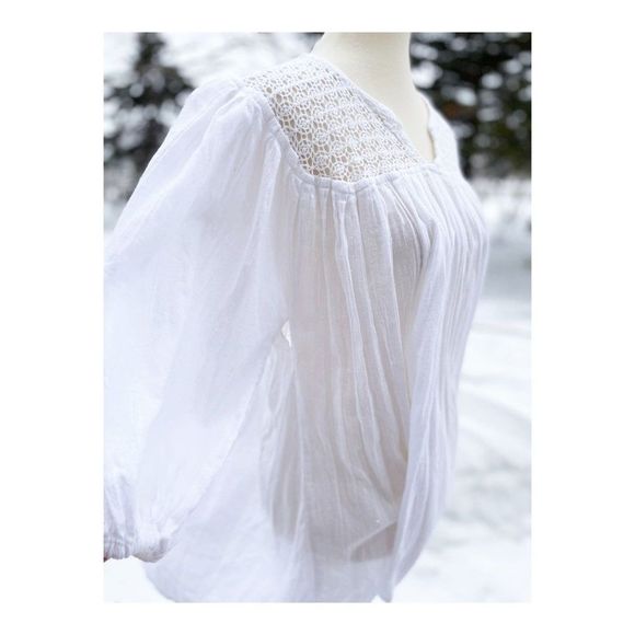 SOLD Vintage 90s Boho Peasant Top Balloon Sleeve Crotchet Collar 100% Cotton - Picture 3 of 11